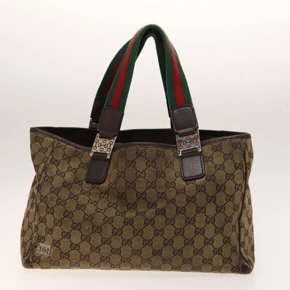 GUCCI GG Canvas Web Sherry Line Tote Bag 2Set Beige Red Green Auth 138062 - Picture 2 of 12